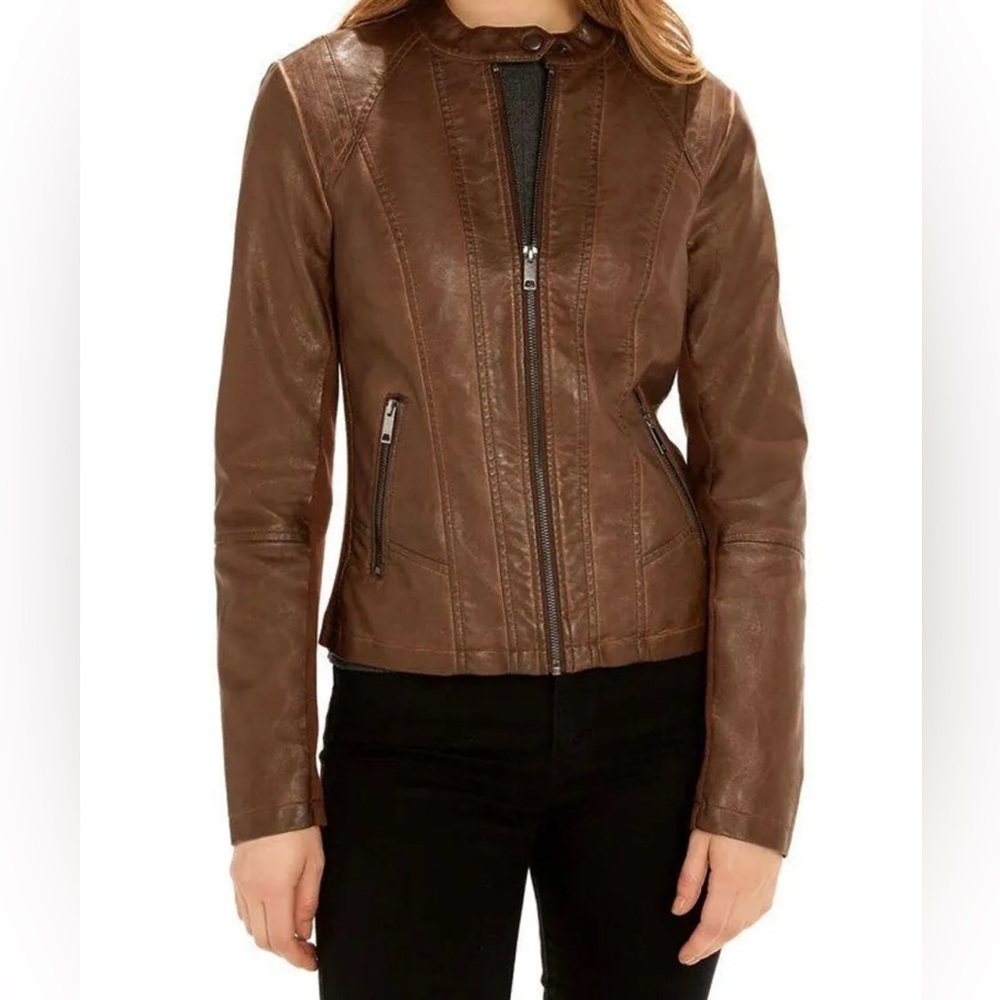 Women’s Sebby Collection Scuba Style Faux Leather Jacket Size Small (4-6) Brown